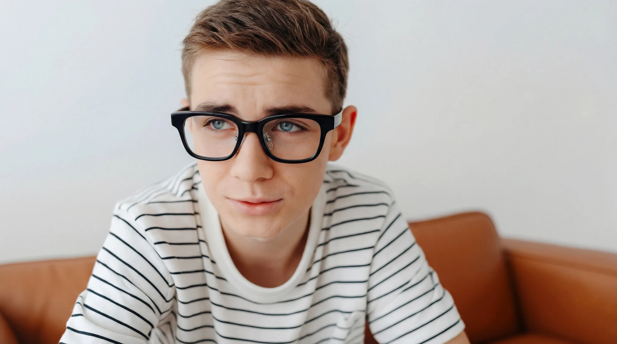 A person wearing black glasses, representing the use of visual captions alongside hearing devices
