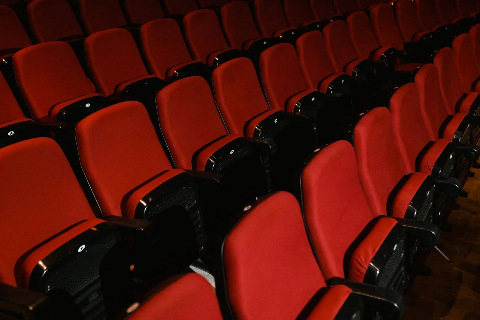 Rows of empty red auditorium seats in a theater, the kind of assembly area the ADA requires to provide an assistive listening system